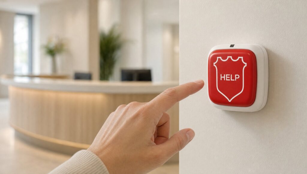 Roter Notrufknopf mit Wappensymbol und dem Wort HELP an einer hellen Wand, ein Zeigefinger nähert sich dem Knopf, im Hintergrund ein Empfangstresen