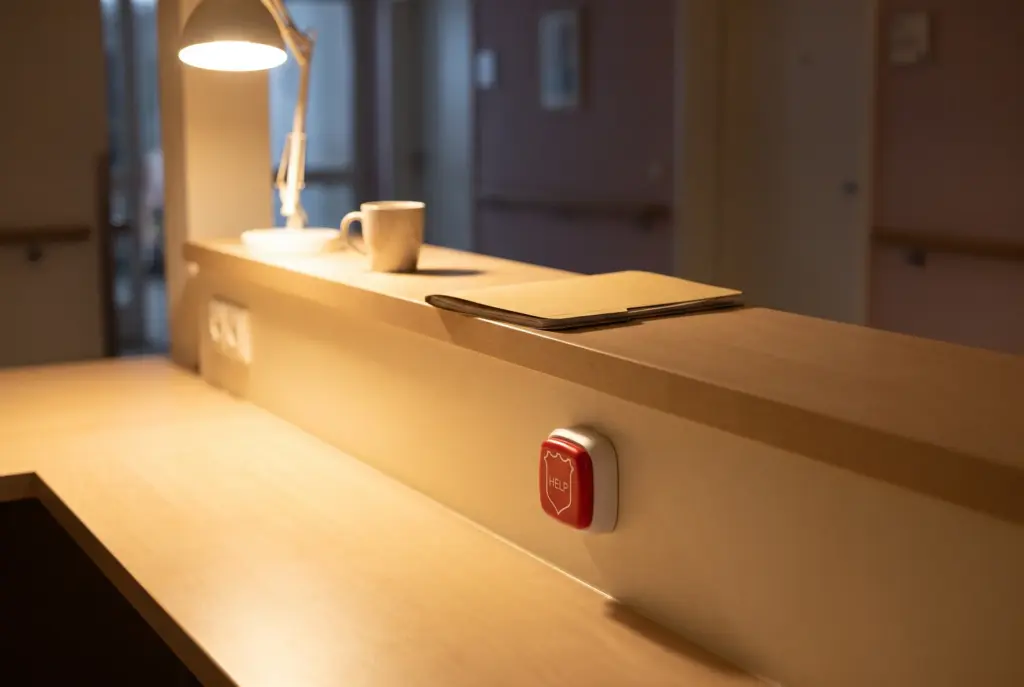HelpMeButton an der Innenseite eines Stationstresens im Nachtdienst (KI-generierte Darstellung)